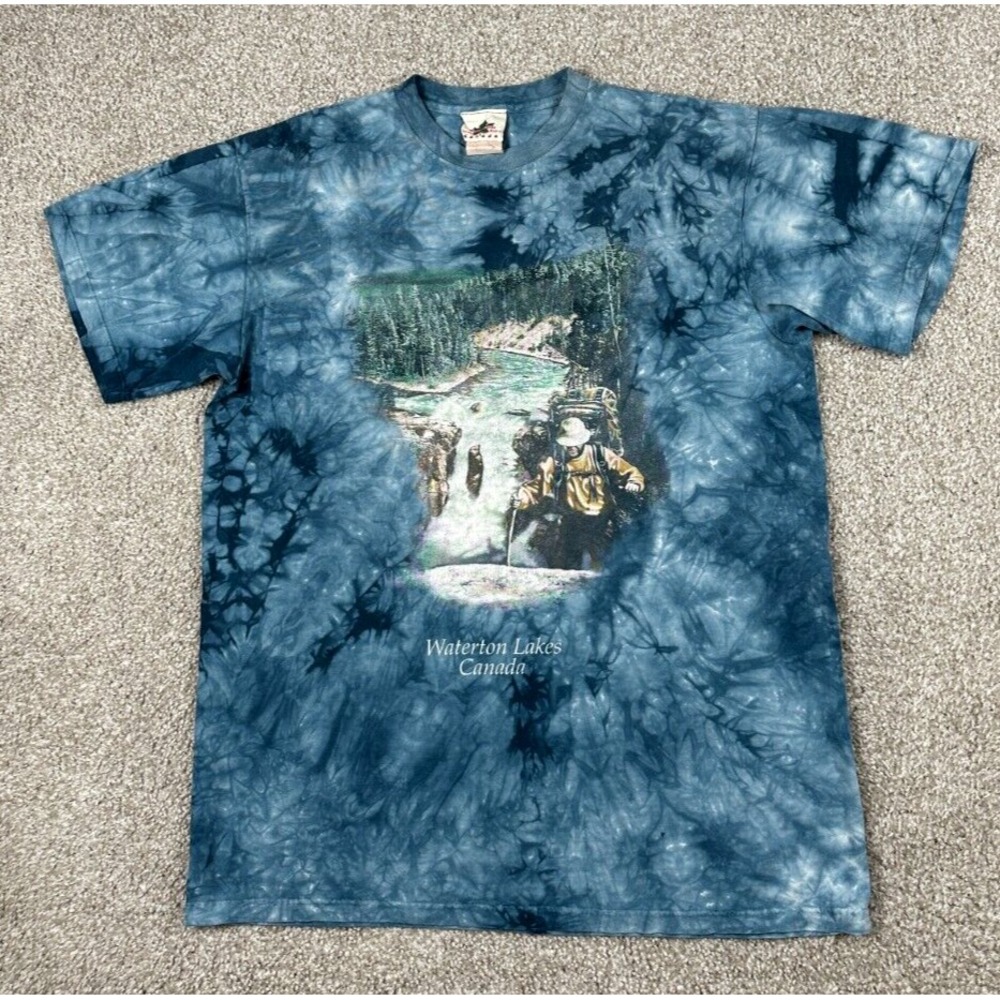 Vintage Waterton Lakes Canada Shirt Mens XL Blue Tie Dye Sportsman Waterfall 90s
